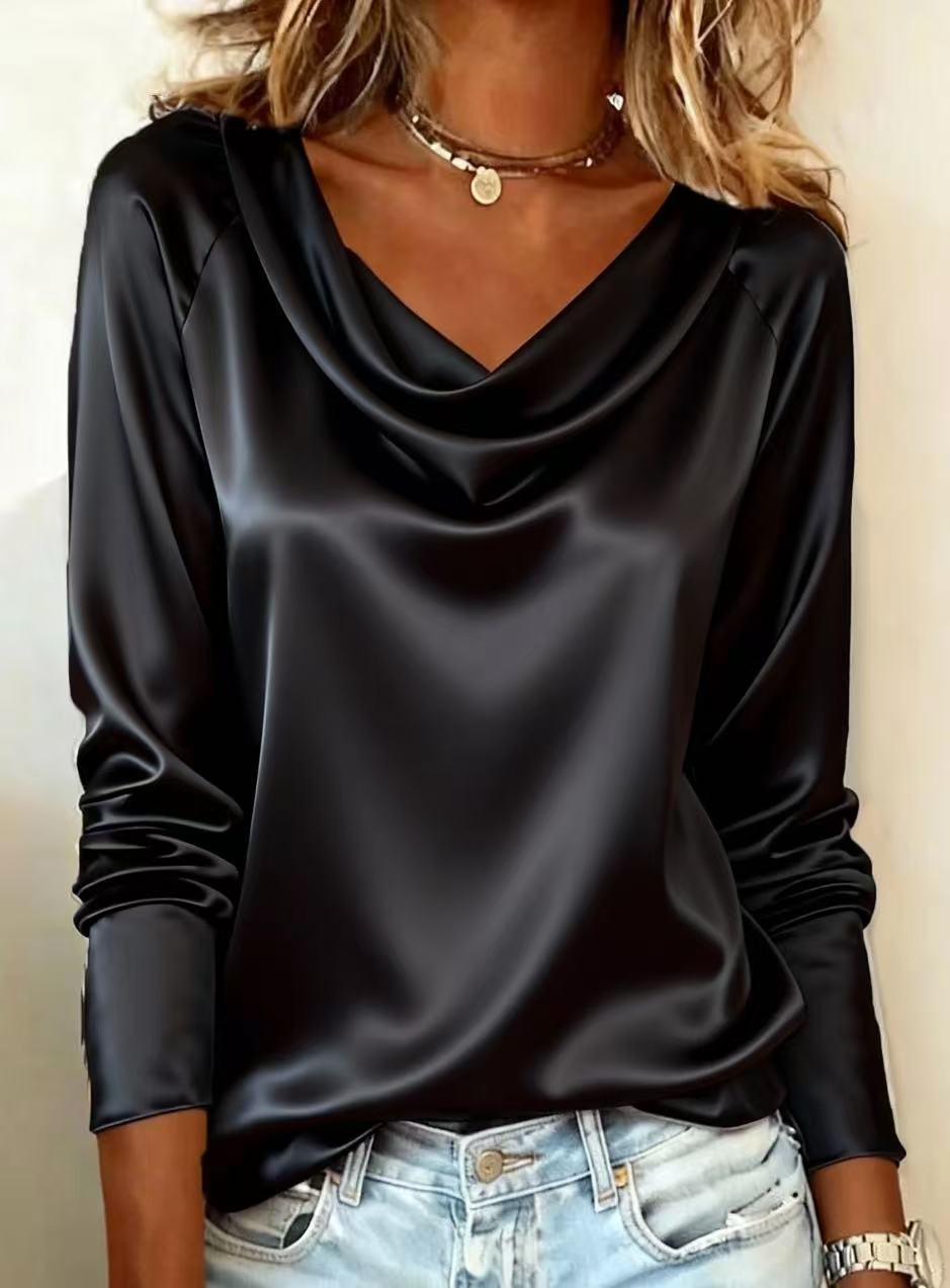 Luxury Satin Solid Color V-Nec - Shirt Camp Collar ulasan dan harga