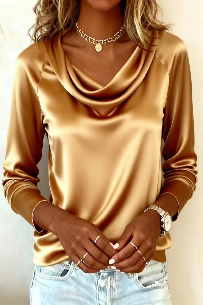 Luxury Satin Solid Color V-Nec - Shirt Camp Collar ulasan dan harga