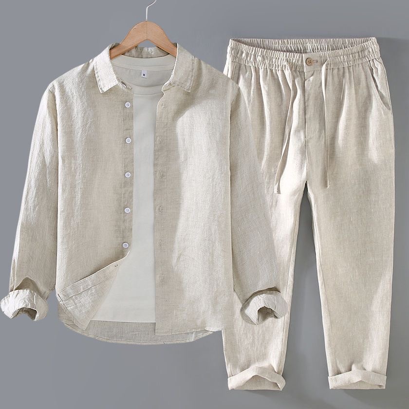 High-End Pure Linen Set Men's  - Linen Shirt Breathable ulasan dan harga