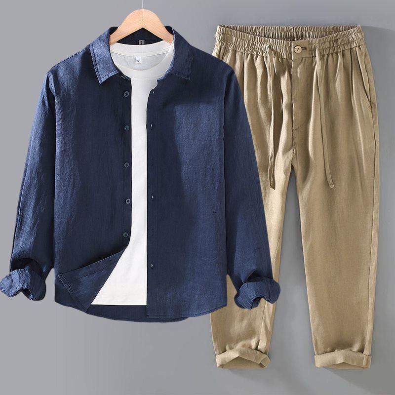 High-End Pure Linen Set Men's  - Linen Shirt Breathable ulasan dan harga