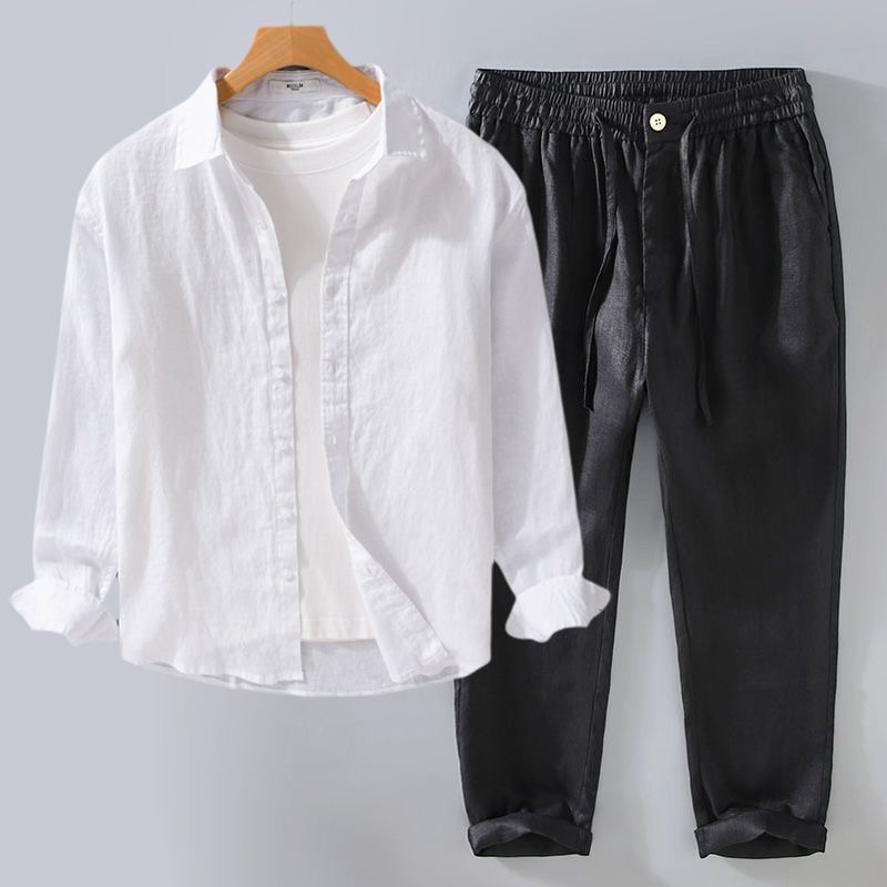 High-End Pure Linen Set Men's  - Linen Shirt Breathable ulasan dan harga