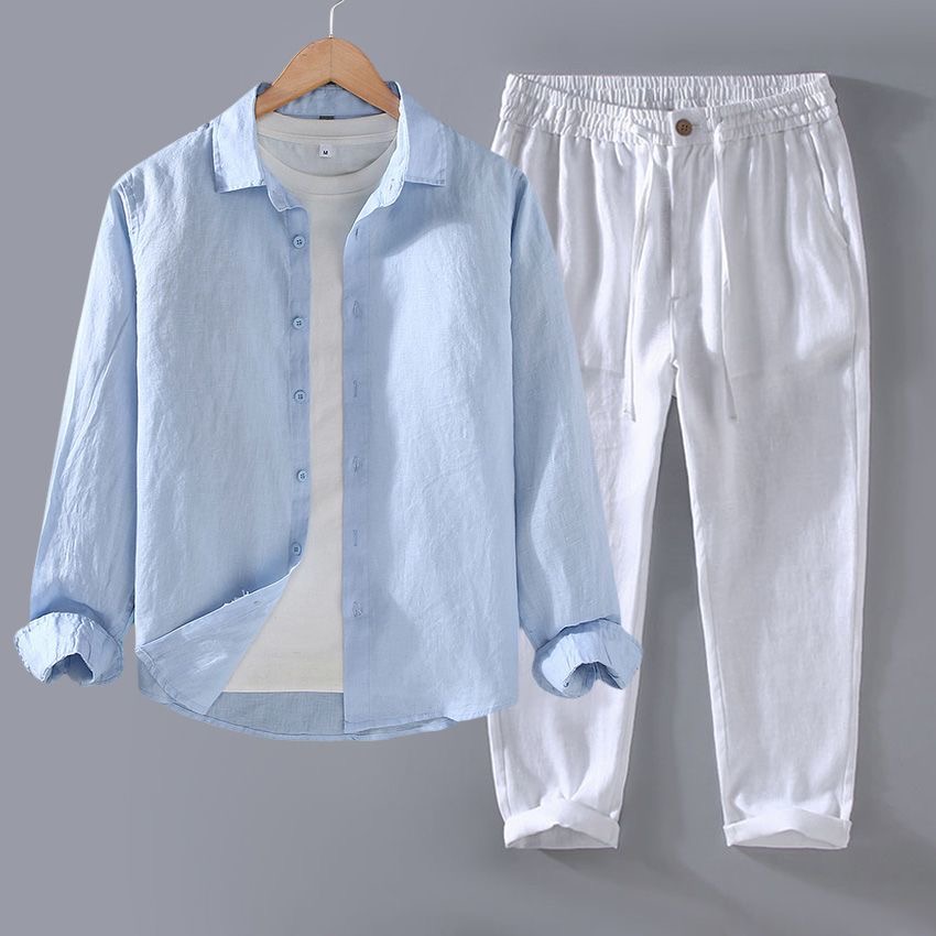 High-End Pure Linen Set Men's  - Linen Shirt Breathable ulasan dan harga