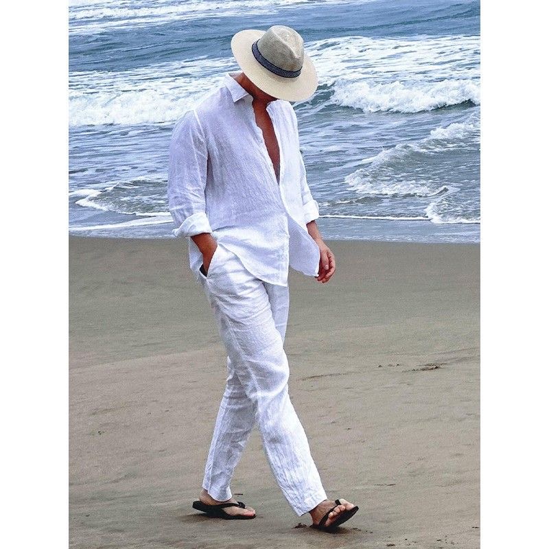 Beach Vacation Style Men's Cot - Linen Shirt Breathable ulasan dan harga